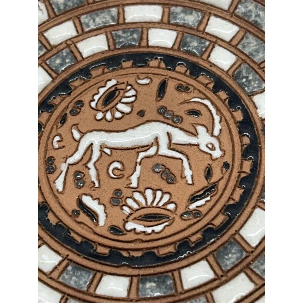 Handmade Bonis Rhodes Greece Terracotta Deer Plate Signed Original Mosaic 4.5
